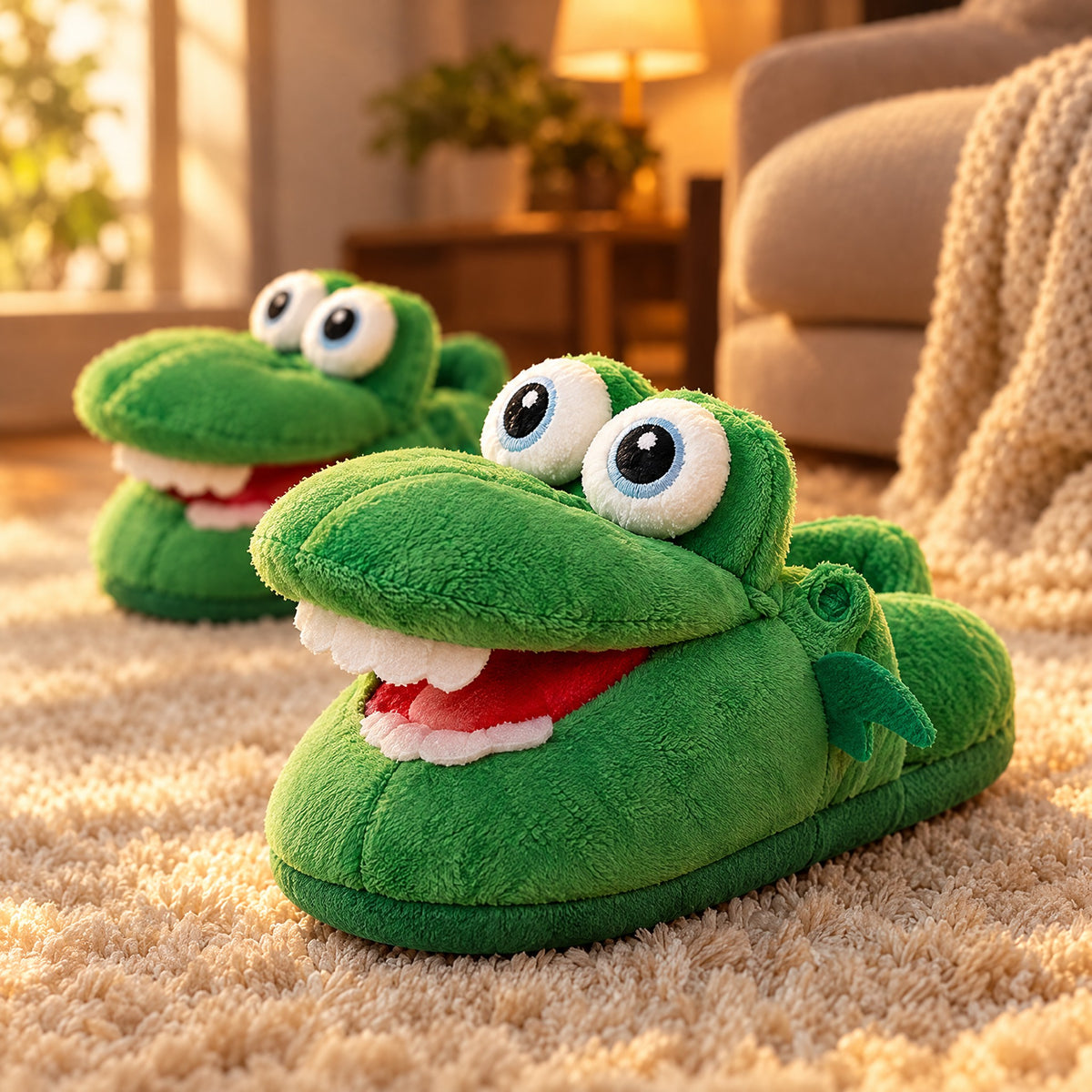 Close-up of the Croc Snap Slipper plush, eyes and open mouth