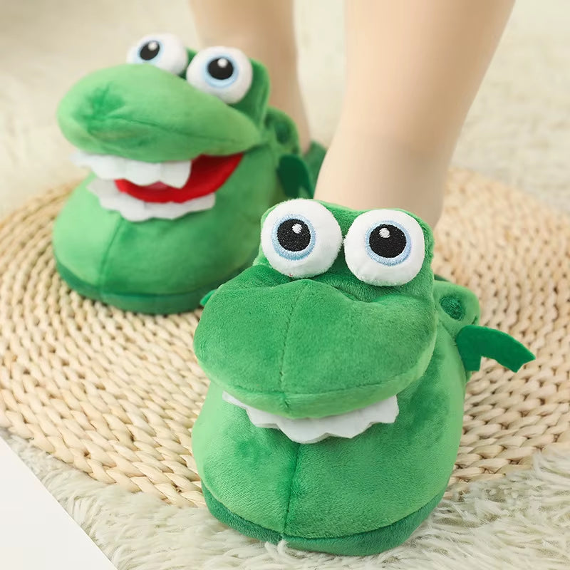 Croc Snap Slippers, green plush crocodile slippers with an open mouth