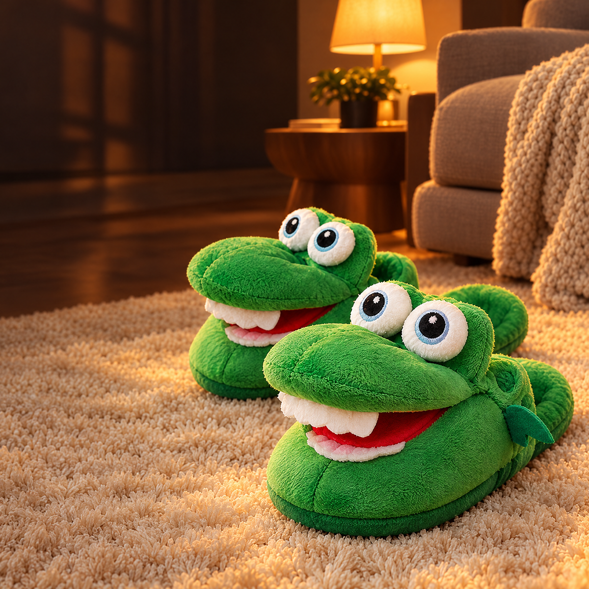 Croc Snap Slippers on a cream rug in a cozy living room