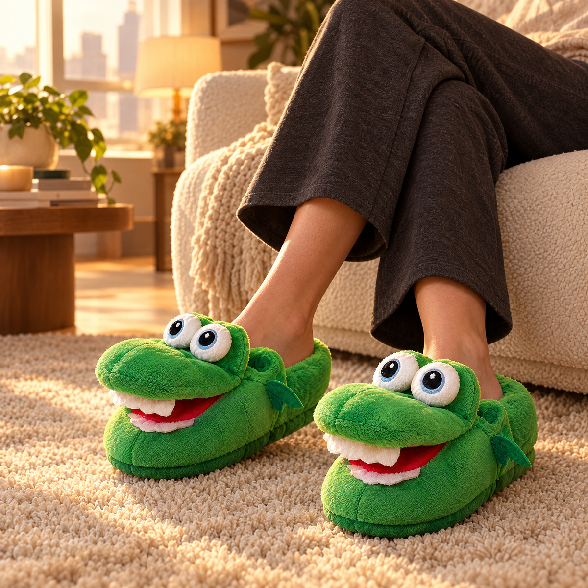 Croc Snap Slippers worn while relaxing on a sofa