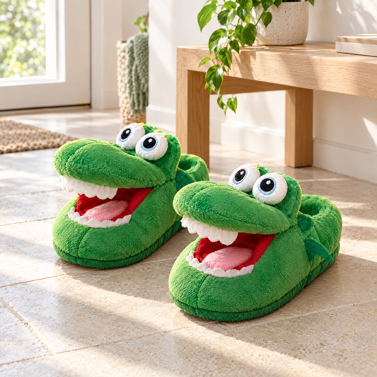 Croc Snap Slippers with open mouths on a sunny entryway floor