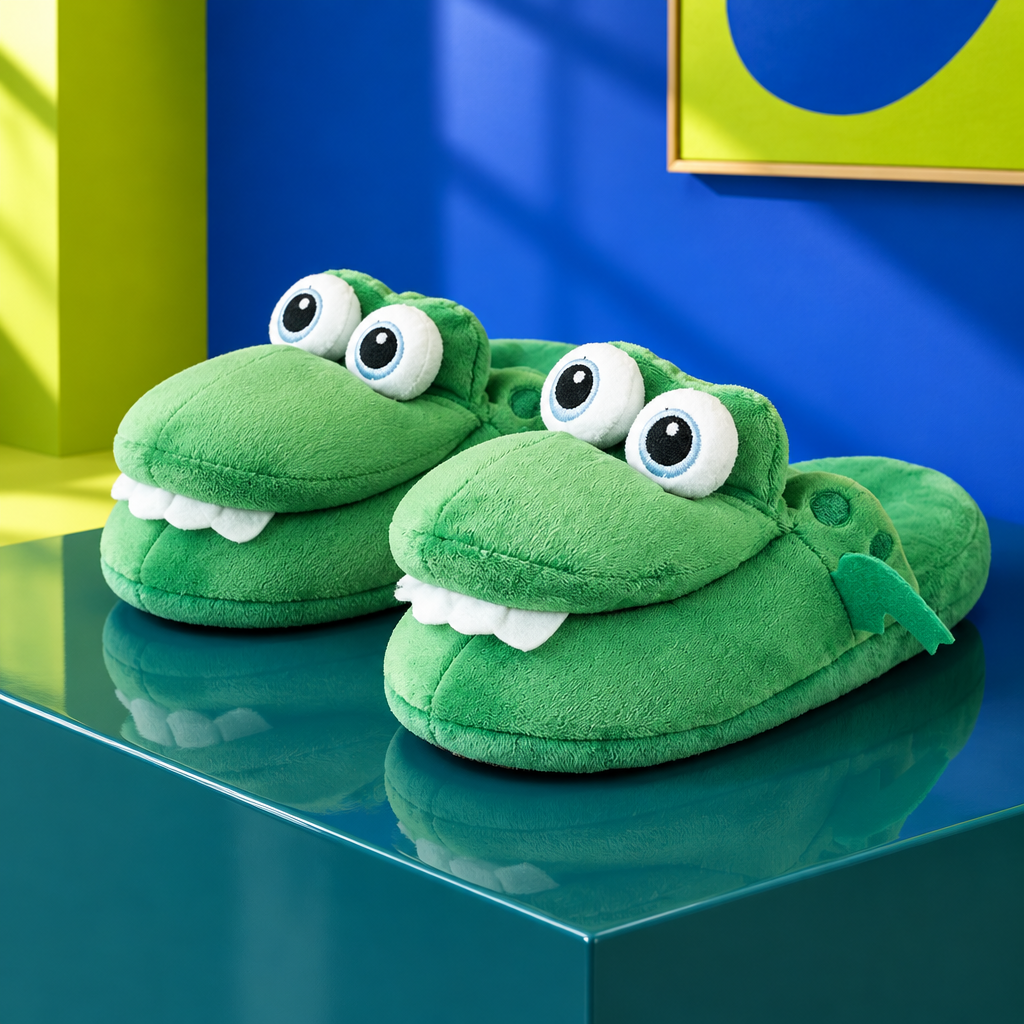 Pair of Croc Snap Slippers on a teal pedestal against a blue wall
