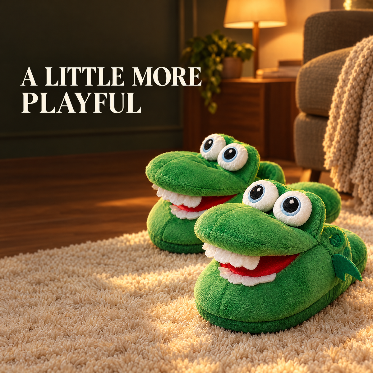A little more playful. Croc Snap Slippers on a cozy rug