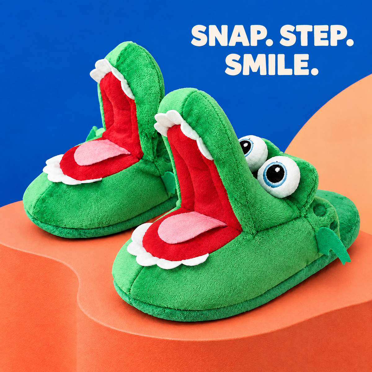 Snap. Step. Smile. Croc Snap Slippers with mouths wide open