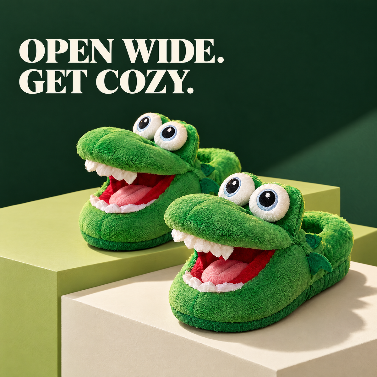 Open wide. Get cozy. Croc Snap Slippers with mouths open